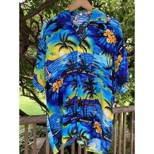 Size XL Jamaica Sun Rise Rayon Floral Hawaiian Shirt Blue